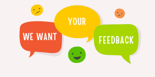 We want your feedback, satisfaction rating design with colorful emoticons (Banner (Landscape))