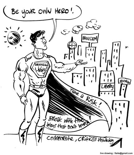 Cartoon of a superhero overlooking city