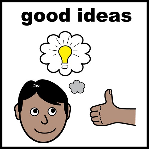 logo for good ideas with a cartoon of a person with a lightbulb over their head and a thumbs up 