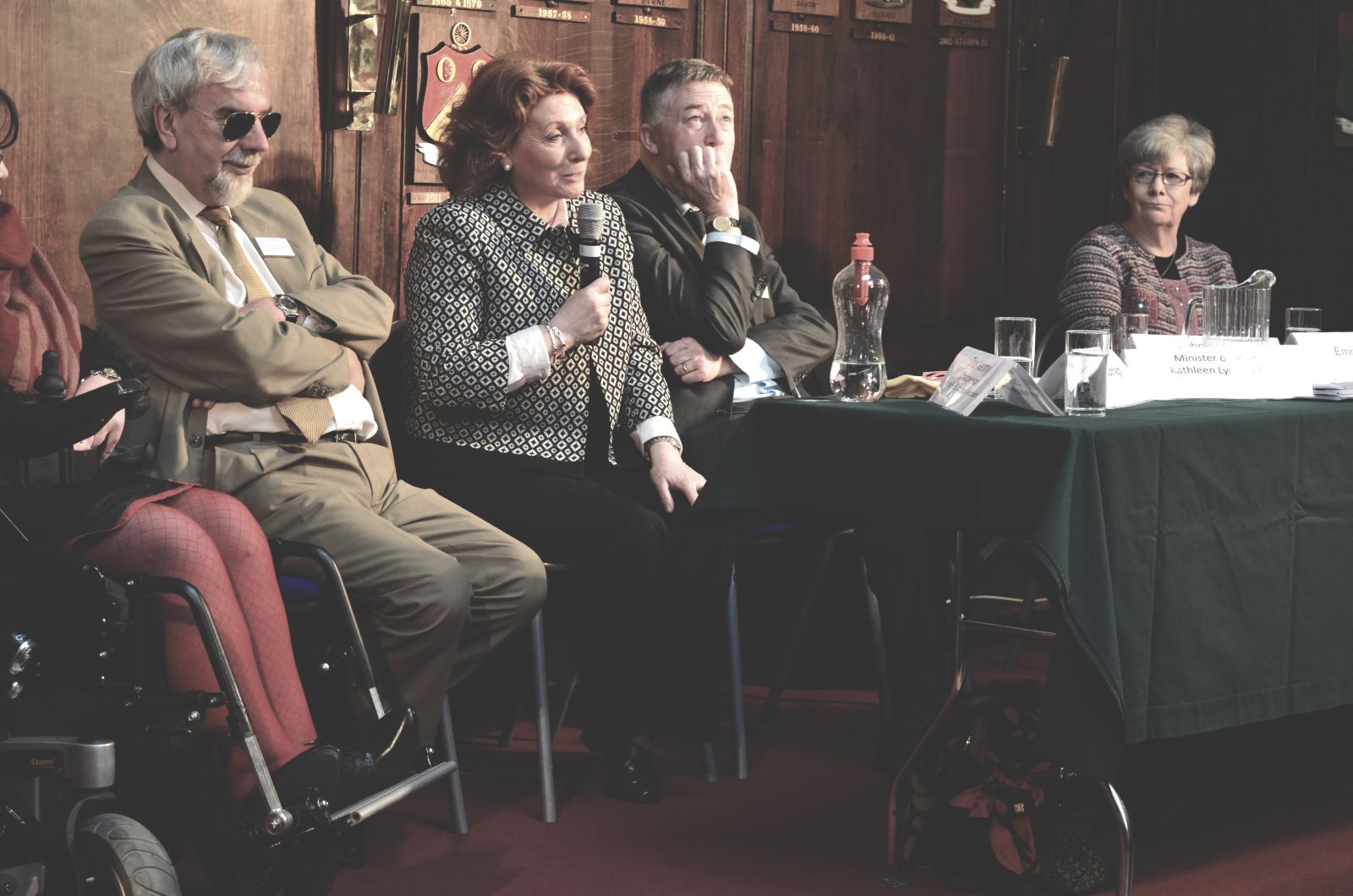 left to right: Des Kenny, CEO of the National Council for the Blind, Chair of The Not For Profit Business Association (NFPBA). Kathleen Lynch TD Minister of State, Department of Health and Department of Justice, Equality &amp; Defence with responsibility for Disability,Older People, Equality &amp; Mental Health speaking, John Dolan, Chief Executive Officer, DFI, Dr Wendy Cox Independent Researcher. 